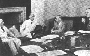 M.A.Jinnah in conference with the British Cabinet Mission 1946. Consisting of Lord Pethick-Lawrence, Sir Stafford Cripps and Sir A.V.Alexander.