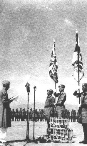Quaid-i-Azam presenting Regimental Colour to 2/15th Punjab Machine Gun Regiment at Peshawar April 15, 1948.