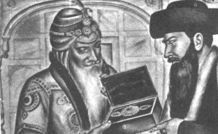 Ranjit Singh taking the Kohinoor Diamond from Shah Shuja. In collusion with the East India Company a Sikh Kingdom had been established in the North-West where Muslims were relentlessly persecuted.